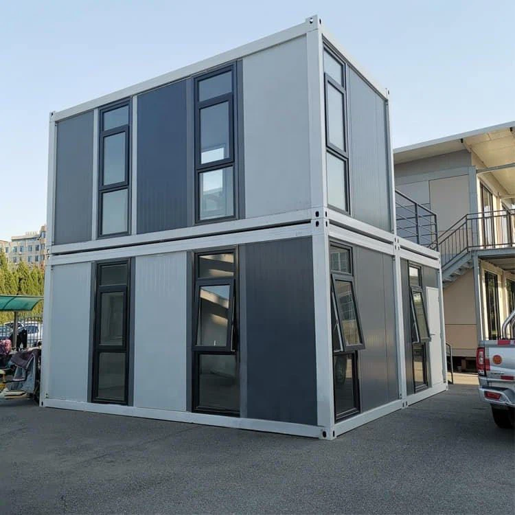 This is a two-story prefabricated container house, which is a sample in the factory, and the windows are made of broken-bridge aluminum material into long strips for better lighting.